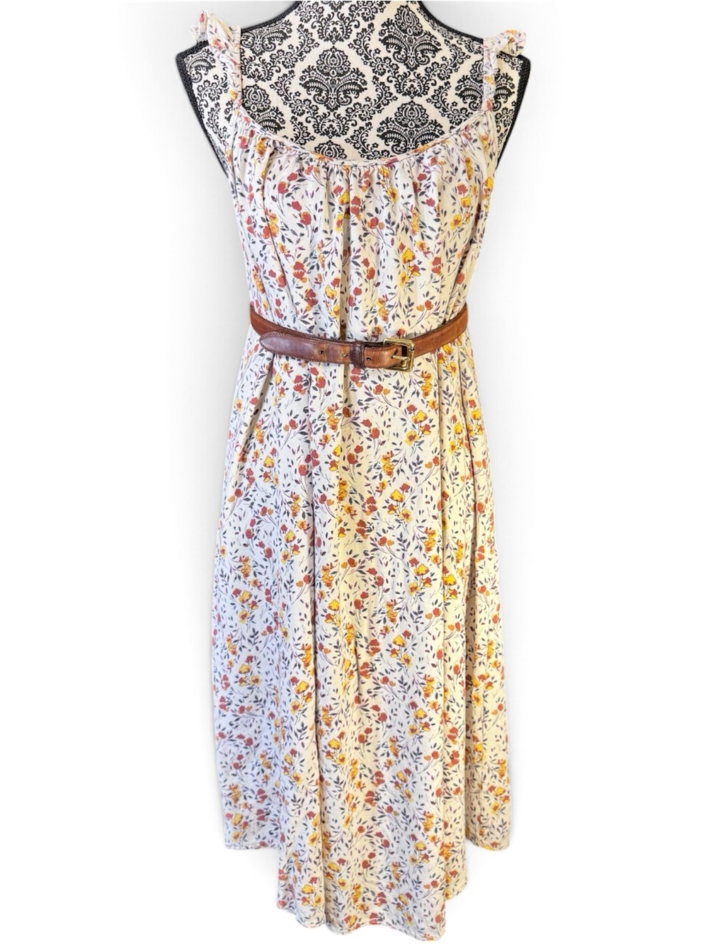 Carly Jean LosAngeles Cream Floral Flowy Midi Dress w/ Ruffle Straps size Large